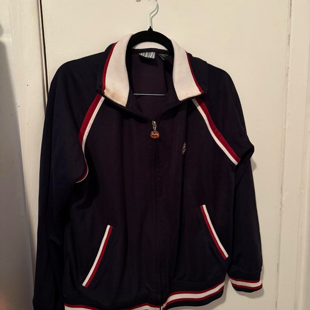 Navy Zip-Up Jacket with Red and White Trim